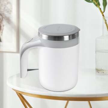 NEUEFAMI Automatic Mixing Coffee Mug Rotating Cute Mixing Cup for Office/Kitchen/Travel/Tea/Hot Chocolate/Milk 13 oz/380 ml, White