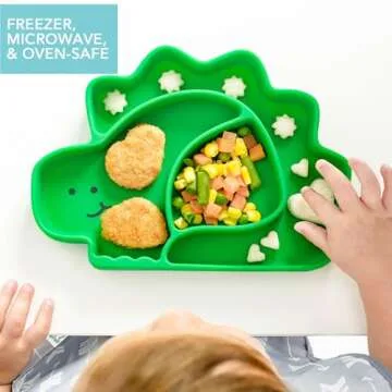 Bumkins Toddler and Baby Suction Plate, Silicone Divided Grip Dish, Babies and Kids, Baby Led Weaning, Children Feeding Supplies, Non Skid Sticky Bottom, Platinum Silicone, Ages 6 Months Up, Dinosaur