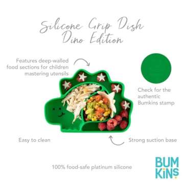 Bumkins Toddler and Baby Suction Plate, Silicone Divided Grip Dish, Babies and Kids, Baby Led Weaning, Children Feeding Supplies, Non Skid Sticky Bottom, Platinum Silicone, Ages 6 Months Up, Dinosaur