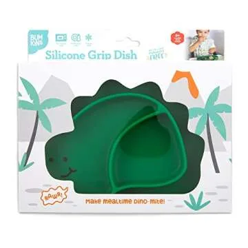 Bumkins Toddler and Baby Suction Plate, Silicone Divided Grip Dish, Babies and Kids, Baby Led Weaning, Children Feeding Supplies, Non Skid Sticky Bottom, Platinum Silicone, Ages 6 Months Up, Dinosaur