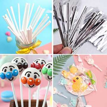 Silver Lollipop Cake Pop Treat Bag Set Including 100pcs Parcel Bags, 100pcs Papery Treat Sticks, 100pcs Colorful Metallic Twist Ties for Making Lollipops, Cake Pops, Candies, Chocolates and Cookies
