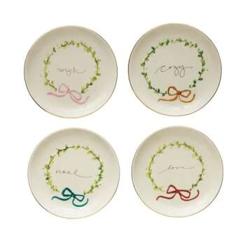 Creative Co-Op Round Stoneware Plate with Holiday Word, Set of 4 Styles Serveware, Multi