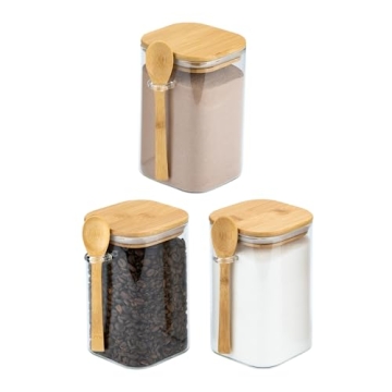 Set of 3 Square Glass Food Storage Containers With Bamboo Lids & Spoons, Airtight 40 Oz Borosilicate Glass Jars, Overnight Oats Containers with Lids for Coffee Tea Sugar Flour Candy Bath Salts & More