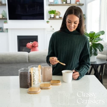 Set of 3 Square Glass Food Storage Containers With Bamboo Lids & Spoons, Airtight 40 Oz Borosilicate Glass Jars, Overnight Oats Containers with Lids for Coffee Tea Sugar Flour Candy Bath Salts & More