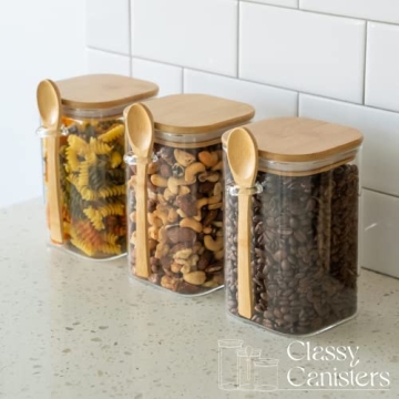 Set of 3 Square Glass Food Storage Containers With Bamboo Lids & Spoons, Airtight 40 Oz Borosilicate Glass Jars, Overnight Oats Containers with Lids for Coffee Tea Sugar Flour Candy Bath Salts & More