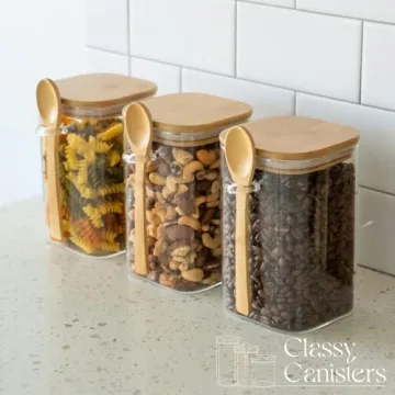 Set of 3 Square Glass Food Storage Containers With Bamboo Lids & Spoons, Airtight 40 Oz Borosilicate Glass Jars, Overnight Oats Containers with Lids for Coffee Tea Sugar Flour Candy Bath Salts & More