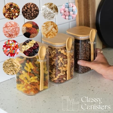 Set of 3 Square Glass Food Storage Containers With Bamboo Lids & Spoons, Airtight 40 Oz Borosilicate Glass Jars, Overnight Oats Containers with Lids for Coffee Tea Sugar Flour Candy Bath Salts & More