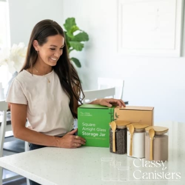 Set of 3 Square Glass Food Storage Containers With Bamboo Lids & Spoons, Airtight 40 Oz Borosilicate Glass Jars, Overnight Oats Containers with Lids for Coffee Tea Sugar Flour Candy Bath Salts & More