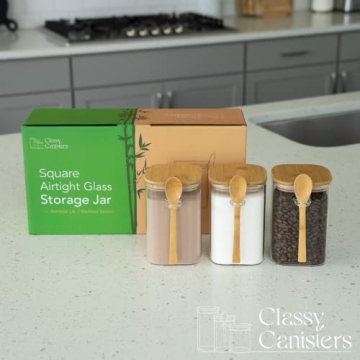 Set of 3 Square Glass Food Storage Containers With Bamboo Lids & Spoons, Airtight 40 Oz Borosilicate Glass Jars, Overnight Oats Containers with Lids for Coffee Tea Sugar Flour Candy Bath Salts & More