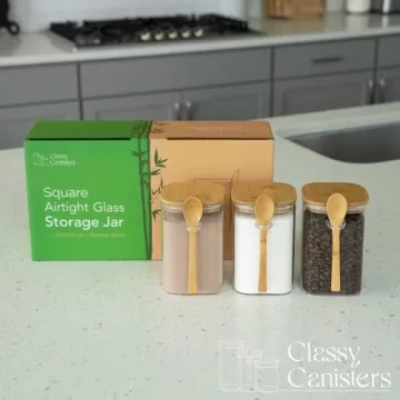 Set of 3 Square Glass Food Storage Containers With Bamboo Lids & Spoons, Airtight 40 Oz Borosilicate Glass Jars, Overnight Oats Containers with Lids for Coffee Tea Sugar Flour Candy Bath Salts & More
