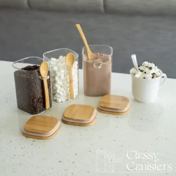 Set of 3 Square Glass Food Storage Containers With Bamboo Lids & Spoons, Airtight 40 Oz Borosilicate Glass Jars, Overnight Oats Containers with Lids for Coffee Tea Sugar Flour Candy Bath Salts & More