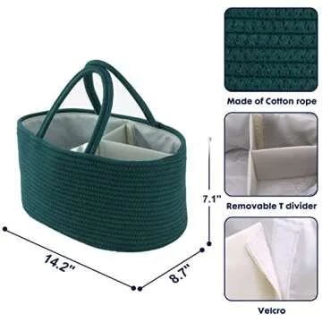 Baby Diaper Caddy Organizer for Girl Boy Rope Nursery Storage Bin Basket Portable Holder Tote Bag for Changing Table Car Travel Baby Shower Gifts Newborn Essentials Registry Must Have Items Dark Green