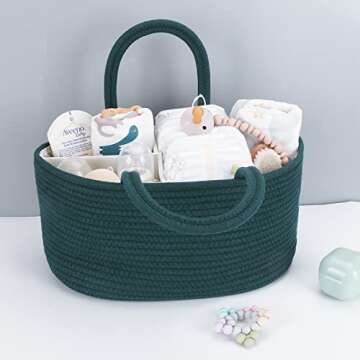 Baby Diaper Caddy Organizer for Girl Boy Rope Nursery Storage Bin Basket Portable Holder Tote Bag for Changing Table Car Travel Baby Shower Gifts Newborn Essentials Registry Must Have Items Dark Green