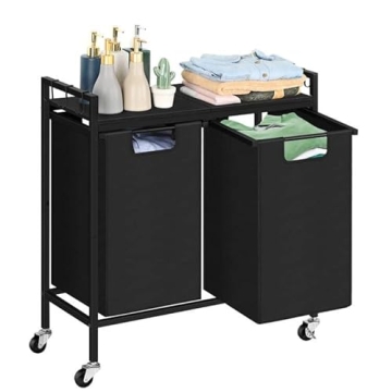 Black Laundry Basket with Wheels, Rolling Laundry Hamper 2 Sections, Laundry Sorter with Shelf & Rem...