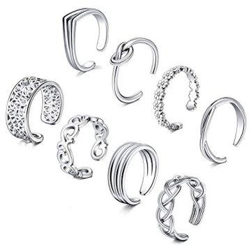 D.Bella Adjustable Toe Rings Set - 8pcs Stylish Rings for Summer Fashion