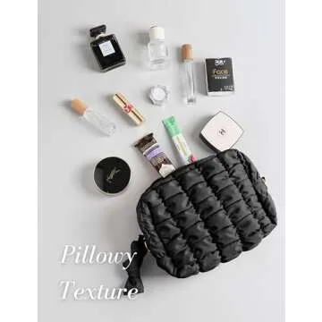 Yarnic Quilted Makeup Bag Cosmetic Bag, Travel Toiletry Bag for Women, Cute Makeup Bag Organizer Black Puffer Makeup Pouch (M, Black)