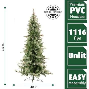 Fraser Hill Farm 7.5-Ft. Buffalo Fir Flocked Artificial Christmas Tree with Stand, Unlit Foldable Fake Tree with Realistic Snowy Foliage for Home Decoration
