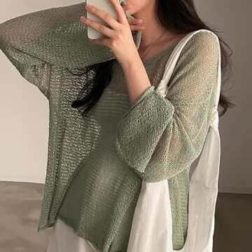 Sumleno 2025 Fairycore Cottagecore Clothing Fairy Grunge Aesthetic Crochet Top for Women Knitted Hollow Out Sweater Pullover (One Size,Green)