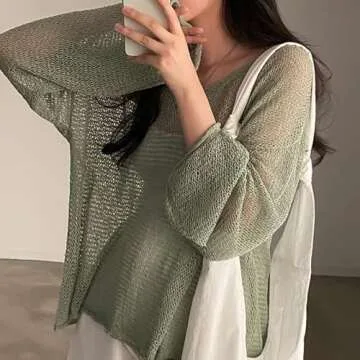 Sumleno 2025 Fairycore Cottagecore Clothing Fairy Grunge Aesthetic Crochet Top for Women Knitted Hollow Out Sweater Pullover (One Size,Green)