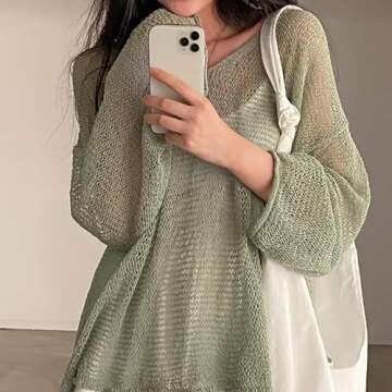 Sumleno 2025 Fairycore Cottagecore Clothing Fairy Grunge Aesthetic Crochet Top for Women Knitted Hollow Out Sweater Pullover (One Size,Green)