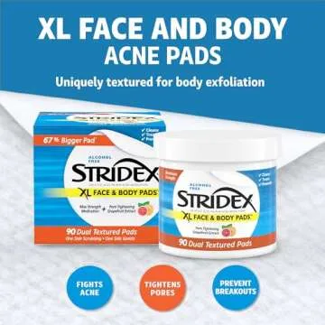 Stridex XL Face & Body Pads, 90 Count, Maximum Strength, Facial Cleansing Wipes, Alcohol-Free Face Pads, Acne Treatment for Face & Body, Dual Textured Pads, Smooth Application