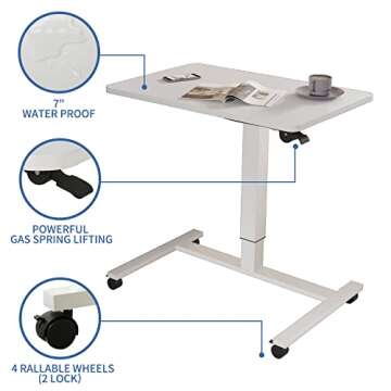 bilbil Pneumatic Mobile Desk, Gas-Spring Height Adjustable Sit to Stand Desk, Overbed Laptop Table Computer Cart with Lockable Wheels, Rolling Desk, Portable Work Table for Home, Office