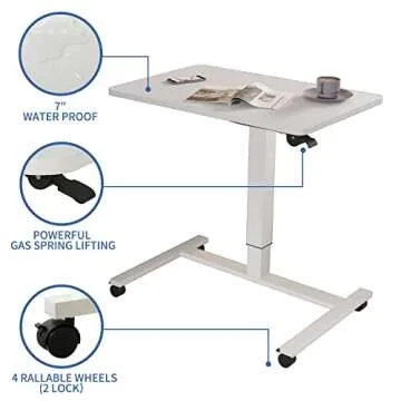bilbil Pneumatic Mobile Desk, Gas-Spring Height Adjustable Sit to Stand Desk, Overbed Laptop Table Computer Cart with Lockable Wheels, Rolling Desk, Portable Work Table for Home, Office