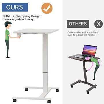 bilbil Pneumatic Mobile Desk, Gas-Spring Height Adjustable Sit to Stand Desk, Overbed Laptop Table Computer Cart with Lockable Wheels, Rolling Desk, Portable Work Table for Home, Office