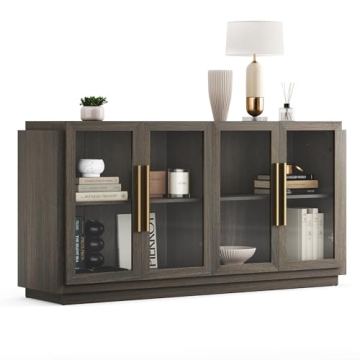 BELLEZE Sideboard Buffet Cabinet, Modern Wood Glass-Buffet-Sideboard with Storage, Console Table for...