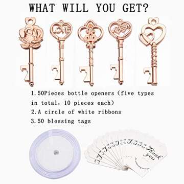 50 PCS Key Bottle Openers,Wedding Favors,Gifts,Decorations or Souvenirs for guests Bulk,Bridal Shower Party Favors with Card Tag (Gold)