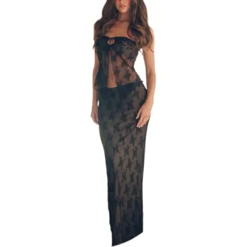 Sastianaen Women Vintage Print Two Piece Skirt Set Y2K See Through Mesh Tube Top Bodycon Maxi Skirt ...
