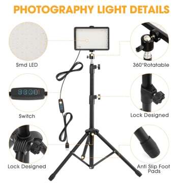OPKING Photography Lighting Kit with 4 Color Filters, Dimmable 5600K USB LED Studio Light with Adjustable Tripod Stand, Portable Video Light for Live Broadcast, Recording