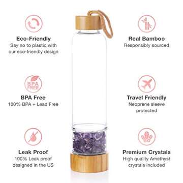 Nova Crystals 15 oz Bamboo Crystal Infused Water Bottles | Relaxing Gifts for Women | Water Bottles with Crystals Inside | + Protective Sleeve + Removable Crystals (Amethyst)