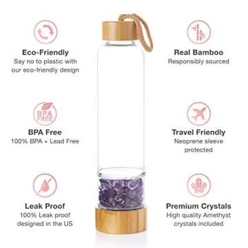 Nova Crystals 15 oz Bamboo Crystal Infused Water Bottles | Relaxing Gifts for Women | Water Bottles with Crystals Inside | + Protective Sleeve + Removable Crystals (Amethyst)