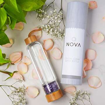 Nova Crystals 15 oz Bamboo Crystal Infused Water Bottles | Relaxing Gifts for Women | Water Bottles with Crystals Inside | + Protective Sleeve + Removable Crystals (Amethyst)