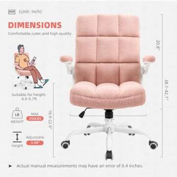 SEATZONE Pink Office Chair Ergonomic Pink Desk Chair with Flip-up Arms, Height Adjustable Rolling Desk Chairs with Wheels, Faux Fur Comfy Office Chairs for Women and Girls, Teddy Fleece Pink