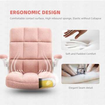 SEATZONE Pink Office Chair Ergonomic Pink Desk Chair with Flip-up Arms, Height Adjustable Rolling Desk Chairs with Wheels, Faux Fur Comfy Office Chairs for Women and Girls, Teddy Fleece Pink