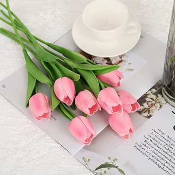 IPOPU Pink Tulips Artificial Flowers 24PCS Real Touch Tulips Flowers Fake Pink Tulips Faux Flowers f...