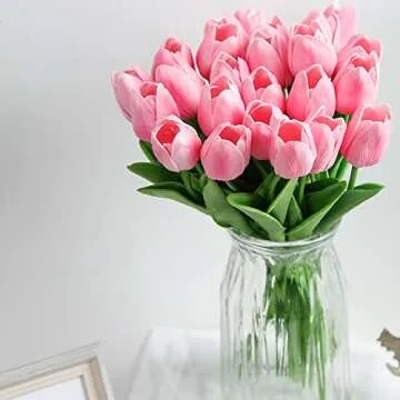 IPOPU Pink Tulips Artificial Flowers 24PCS Real Touch Tulips Flowers Fake Pink Tulips Faux Flowers for Home Decoration Wedding Bouquet Party Baby Shower Centerpieces Bridal Bouquet Decor (Pink)