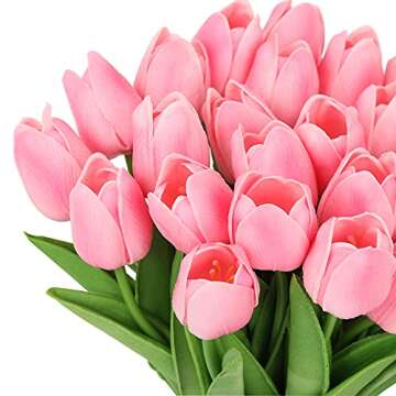 IPOPU Pink Tulips Artificial Flowers 24PCS Real Touch Tulips Flowers Fake Pink Tulips Faux Flowers for Home Decoration Wedding Bouquet Party Baby Shower Centerpieces Bridal Bouquet Decor (Pink)