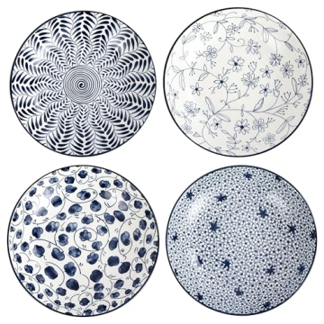 Swuut Ceramic Pasta Bowls Set - 8-inch Blue and White Elegant Bowls for Serving