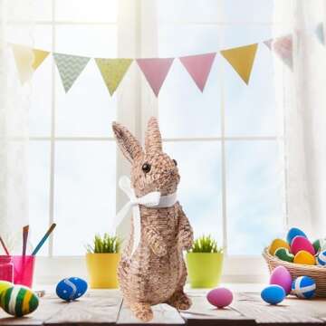 SafeSir Easter Bunny Decor, Rattan Effect Resin Bunny Statue, Easter Table Decoration Spring Indoor Home Decor(Small Brown 2pcs)