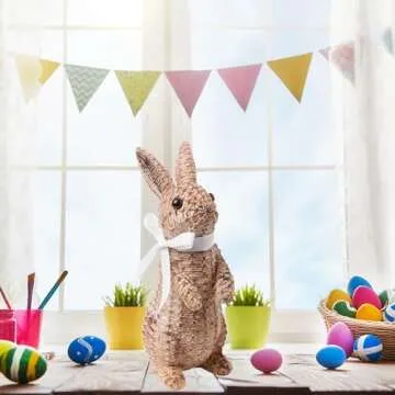SafeSir Easter Bunny Decor, Rattan Effect Resin Bunny Statue, Easter Table Decoration Spring Indoor Home Decor(Small Brown 2pcs)