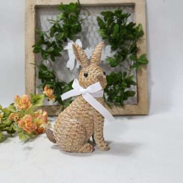 SafeSir Easter Bunny Decor, Rattan Effect Resin Bunny Statue, Easter Table Decoration Spring Indoor Home Decor(Small Brown 2pcs)