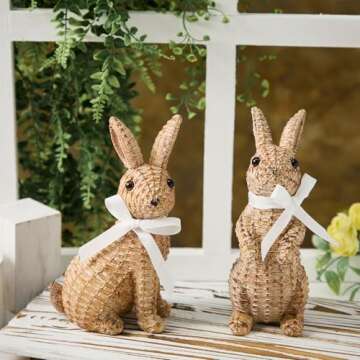 SafeSir Easter Bunny Decor, Rattan Effect Resin Bunny Statue, Easter Table Decoration Spring Indoor Home Decor(Small Brown 2pcs)