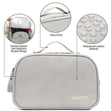 BOOMRICH Large Travel Makeup Bag, Cosmetic Bag, Toiletry Bag for Women, Water-Resistant Leather Toiletry Organizer, Dopp Kit for Toiletries Accessories, Blue Grey