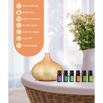 500ML Essential Oil Diffuser, Diffuser with Essential Oils Included 6×10ML, 15 Light Colors, 23dB Quiet Diffuser for Home, 2 Mist Mode, 1 3 6 ON 4 Timer Settings, Available for 6-10 Hrs Lasting Scent