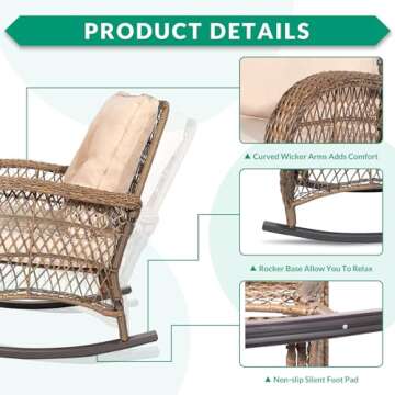 VIVIJASON Outdoor Wicker Rocking Chair, Patio Rattan Rocker Chair with Cushions & Steel Frame, All-Weather Rocking Lawn Wicker Furniture for Garden Backyard Porch (Beige)