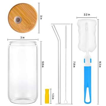 Naeety Glass Cups with Bamboo Lids and Glass Straw, Drinking Glasses Set of 4-16Oz Beer Shaped Glass Cups, Iced Coffee Glasses, Tumbler Cup for Smoothie, Cocktail, Whiskey