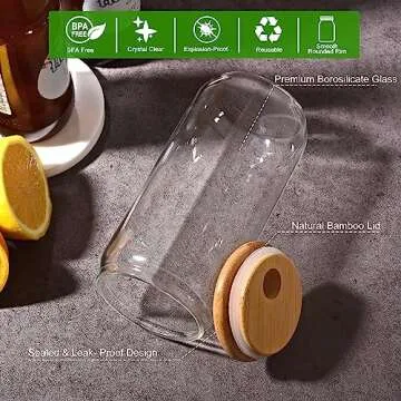 Naeety Glass Cups with Bamboo Lids and Glass Straw, Drinking Glasses Set of 4-16Oz Beer Shaped Glass Cups, Iced Coffee Glasses, Tumbler Cup for Smoothie, Cocktail, Whiskey